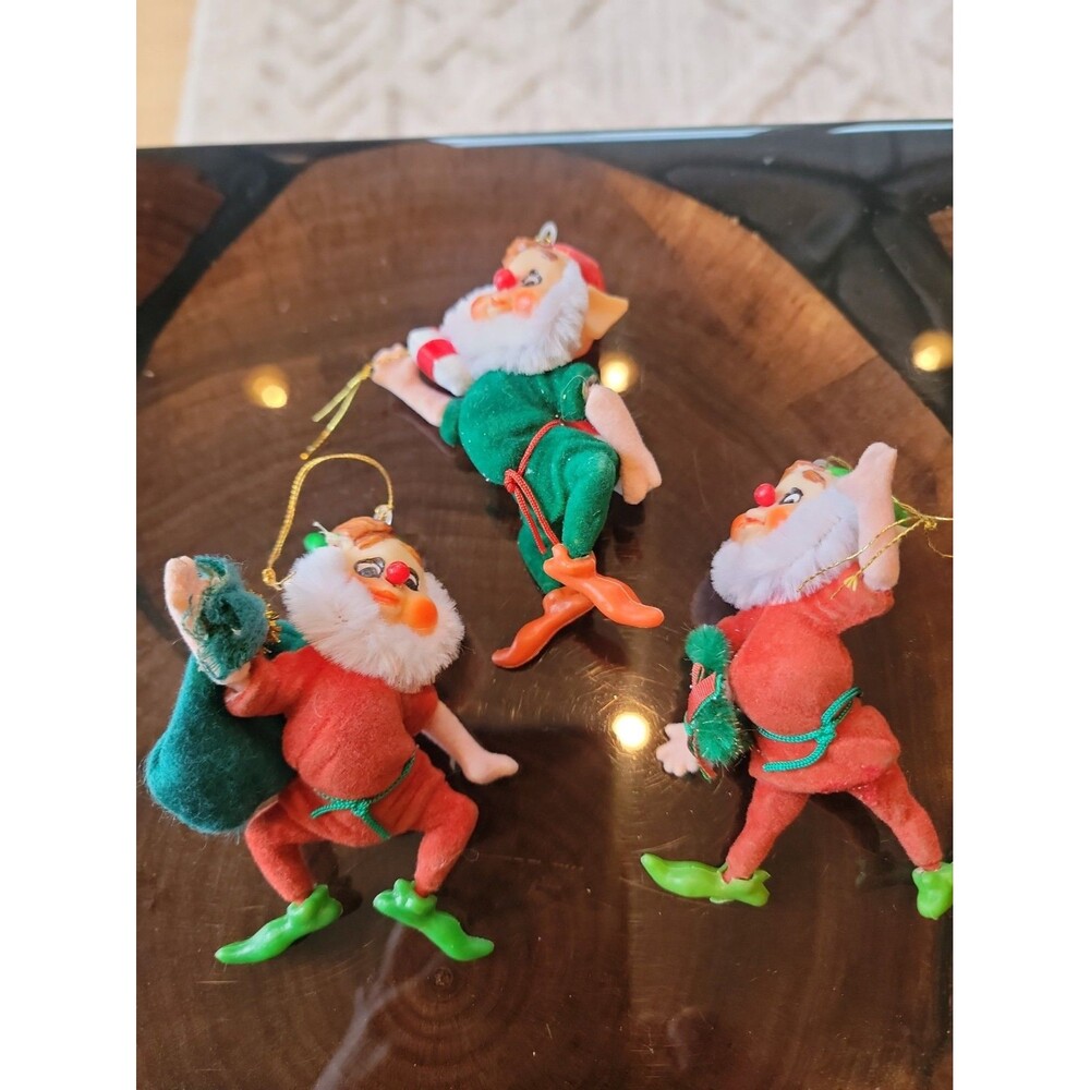 Vintage Flocked Christmas Elves Lot Of 3
